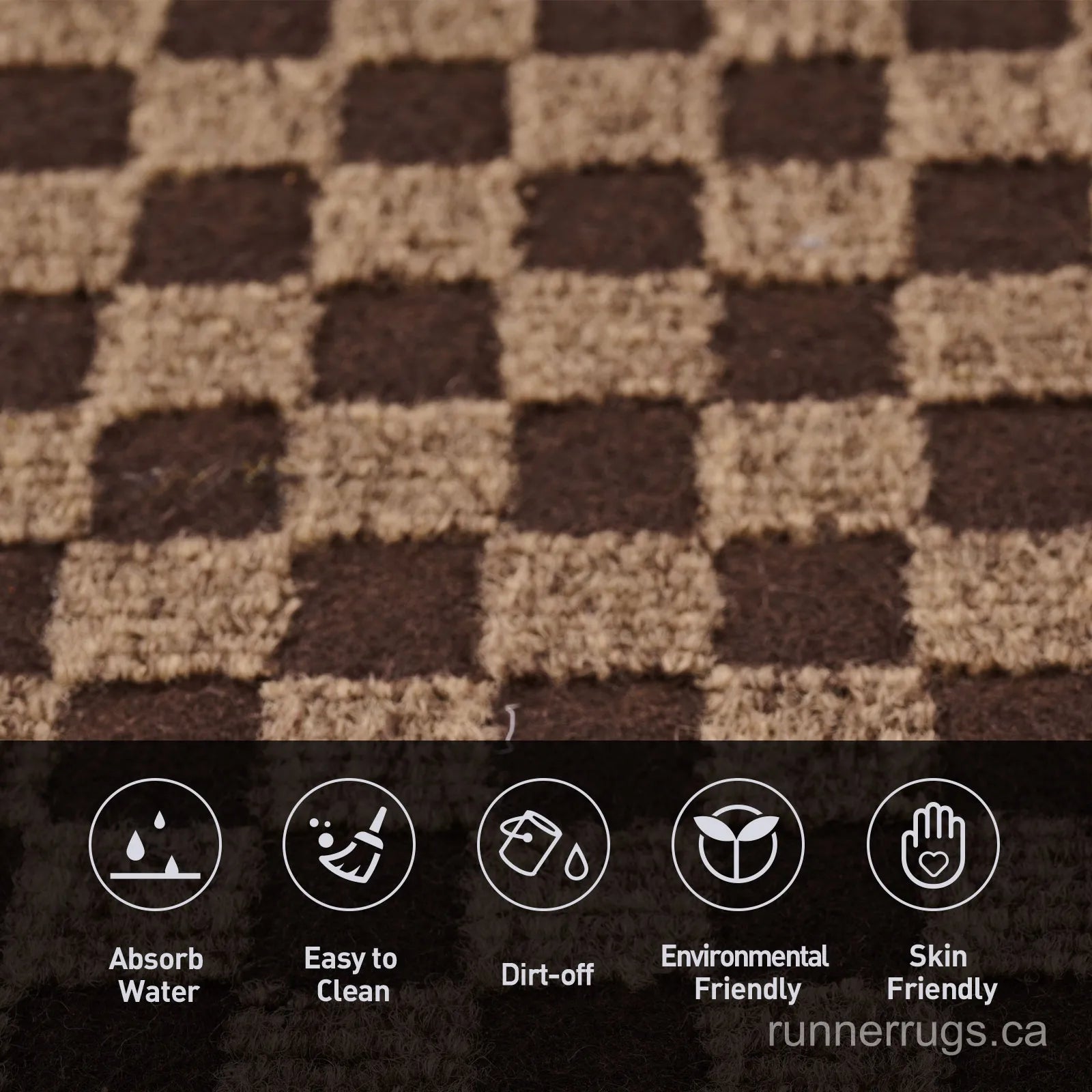 Brown Plaid Runner Rug - close up texture detail of classic brown plaid pattern material and weave quality