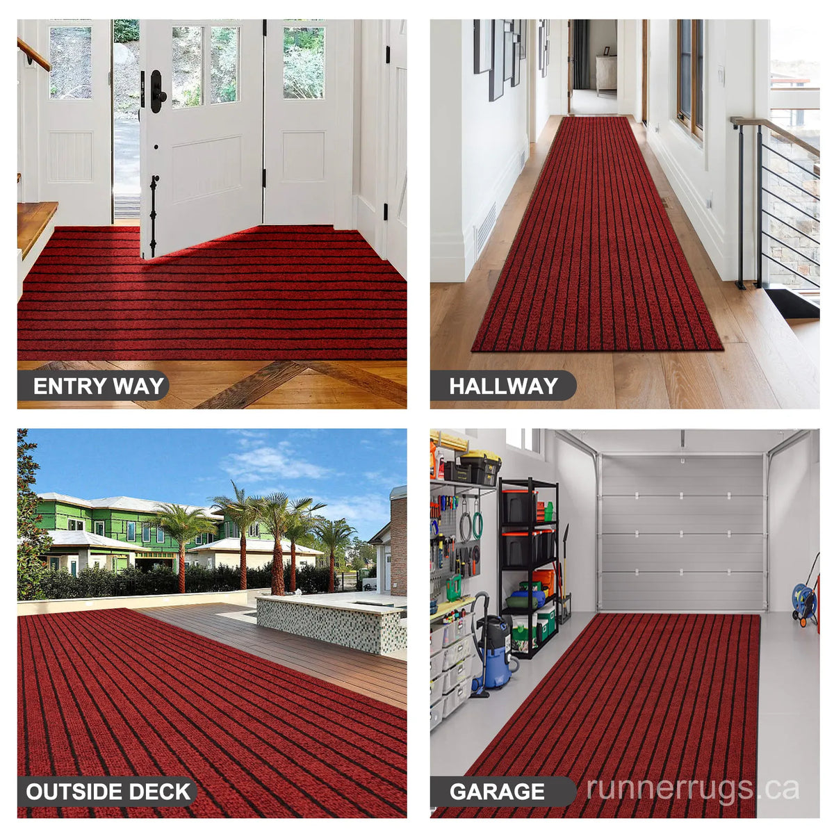 Red Stripe Runner Rug - top down view showing full bold red stripe pattern design across the runner surface