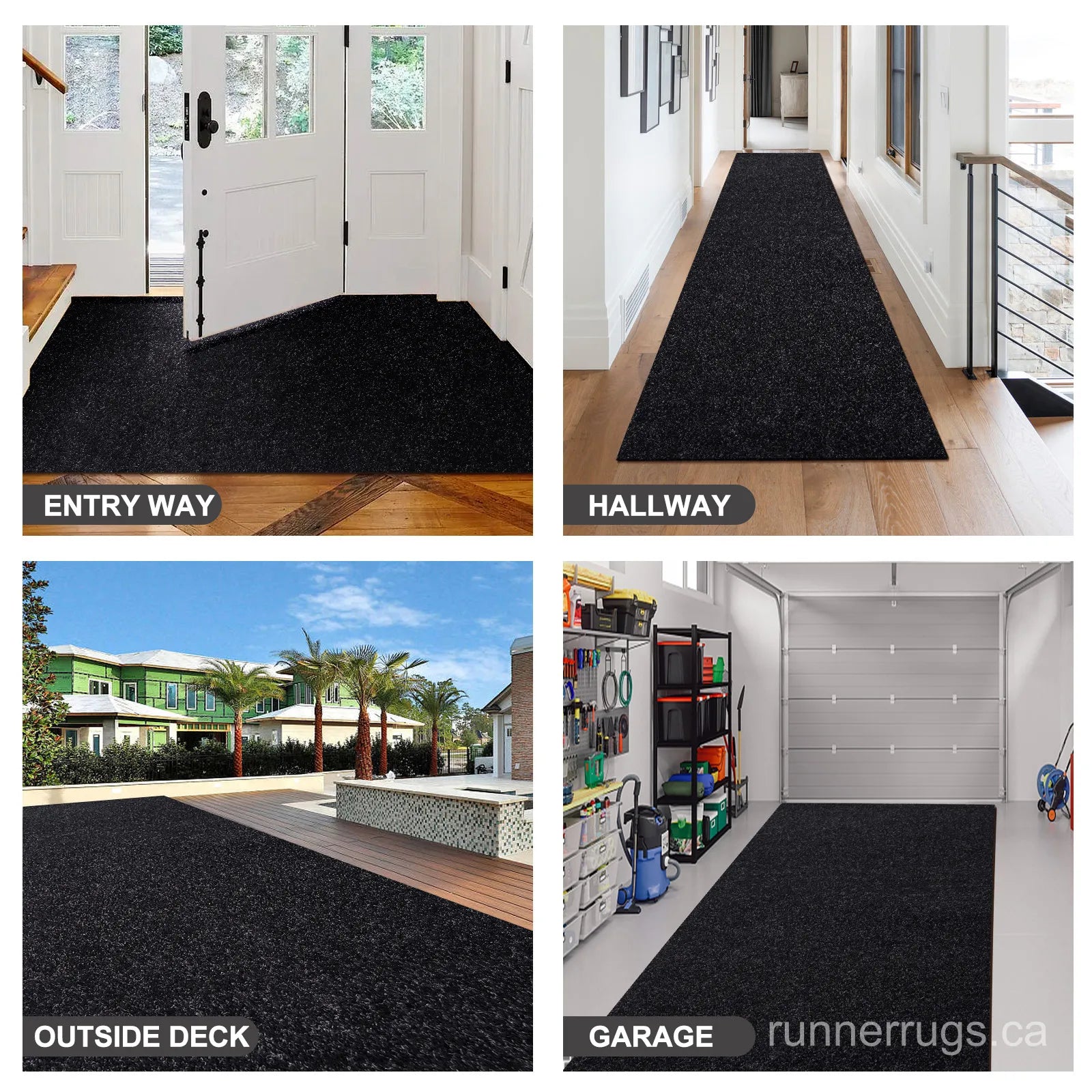 Solid Black Runner Rug - top down view showing full solid black color design across the runner surface