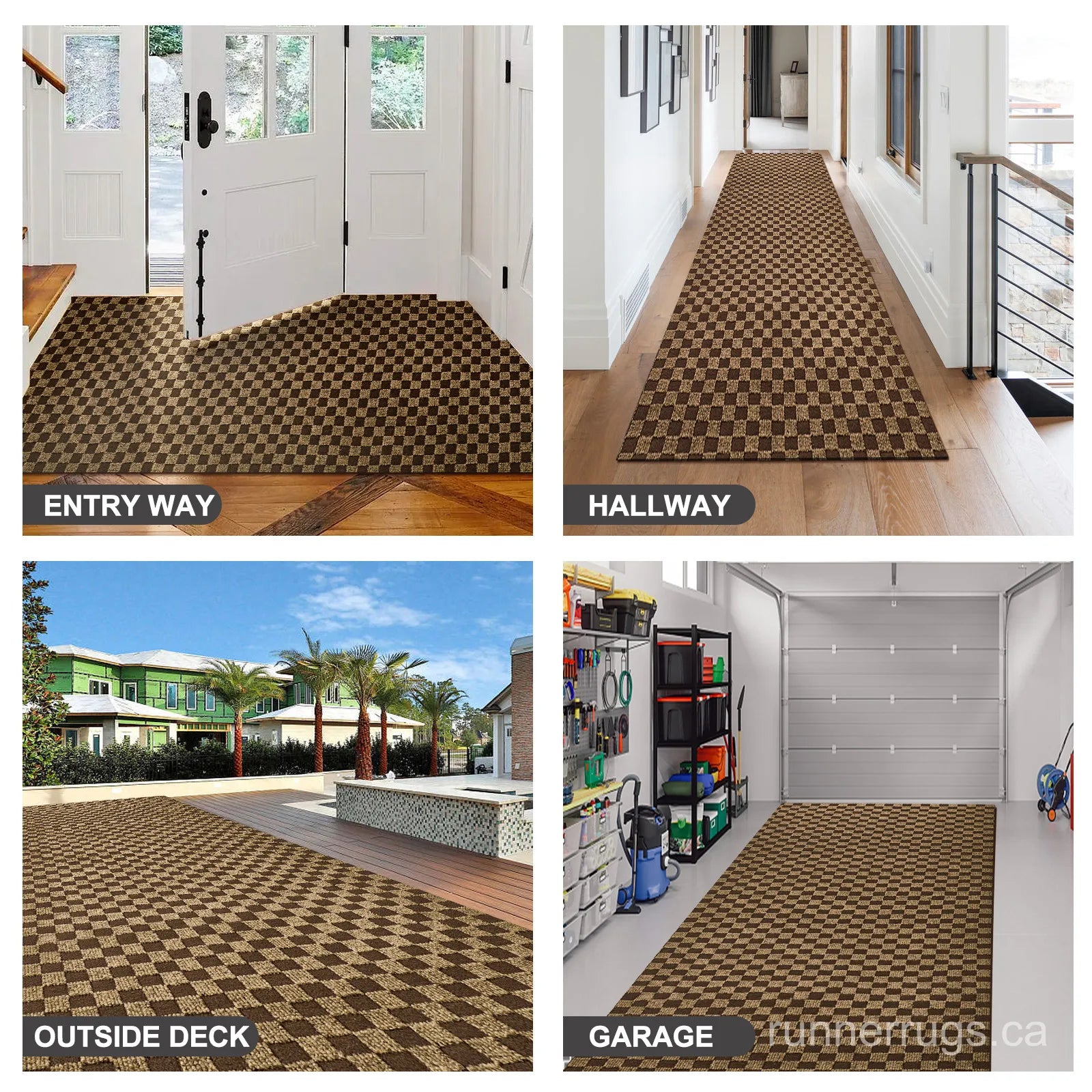 Brown Plaid Runner Rug - main product photo, classic brown plaid pattern, custom length runner rug
