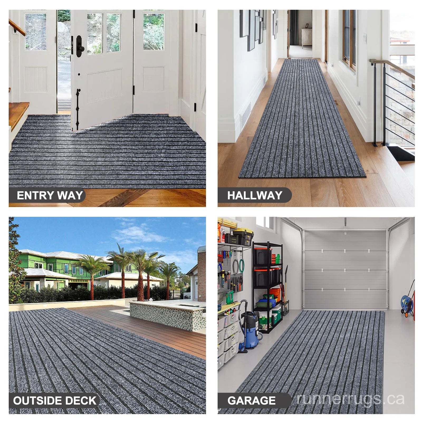Grey Stripe Runner Rug - top down view showing full neutral grey stripe pattern design across the runner surface