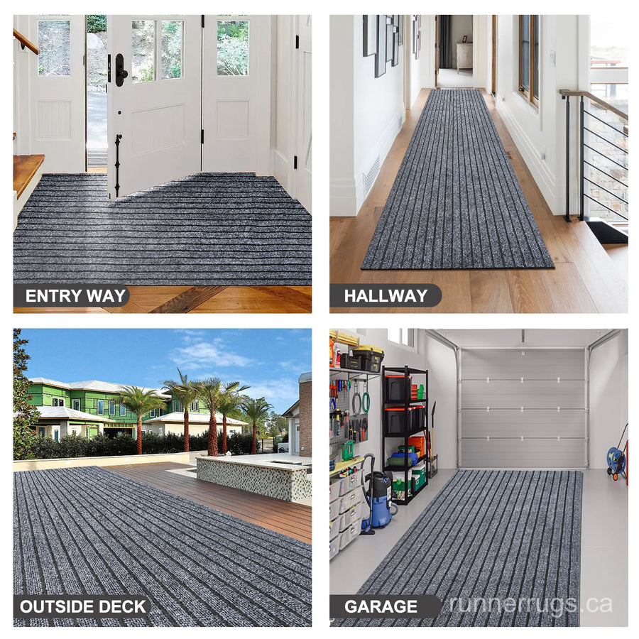 Grey Stripe Runner Rug - top down view showing full neutral grey stripe pattern design across the runner surface
