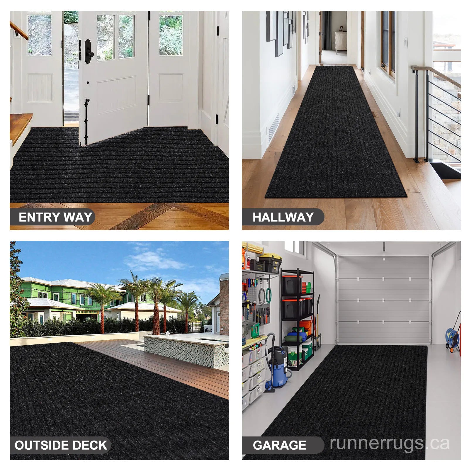 Black Stripe Runner Rug - angled hallway perspective, black stripe pattern runner rug in setting