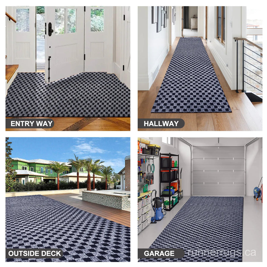 Grey Plaid Runner Rug - top down view showing full grey plaid pattern design across the runner surface