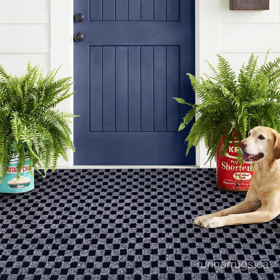 Grey Plaid Runner Rug - lifestyle interior with grey plaid pattern custom runner rug as decor feature