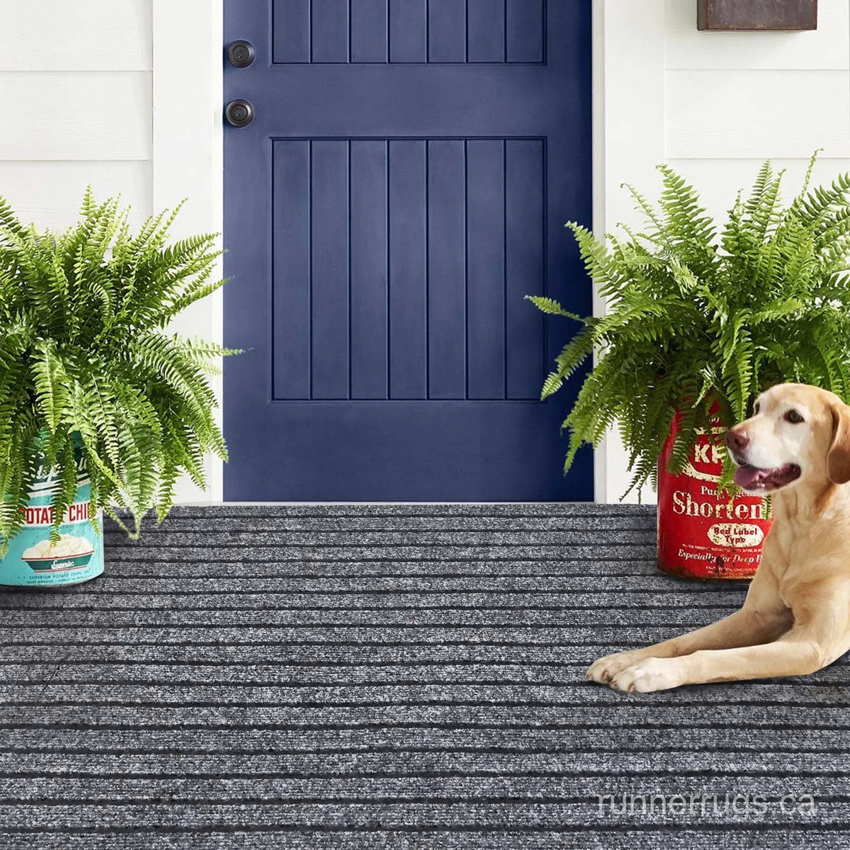 Grey Stripe Runner Rug - side profile view of runner rug edge and floor clearance