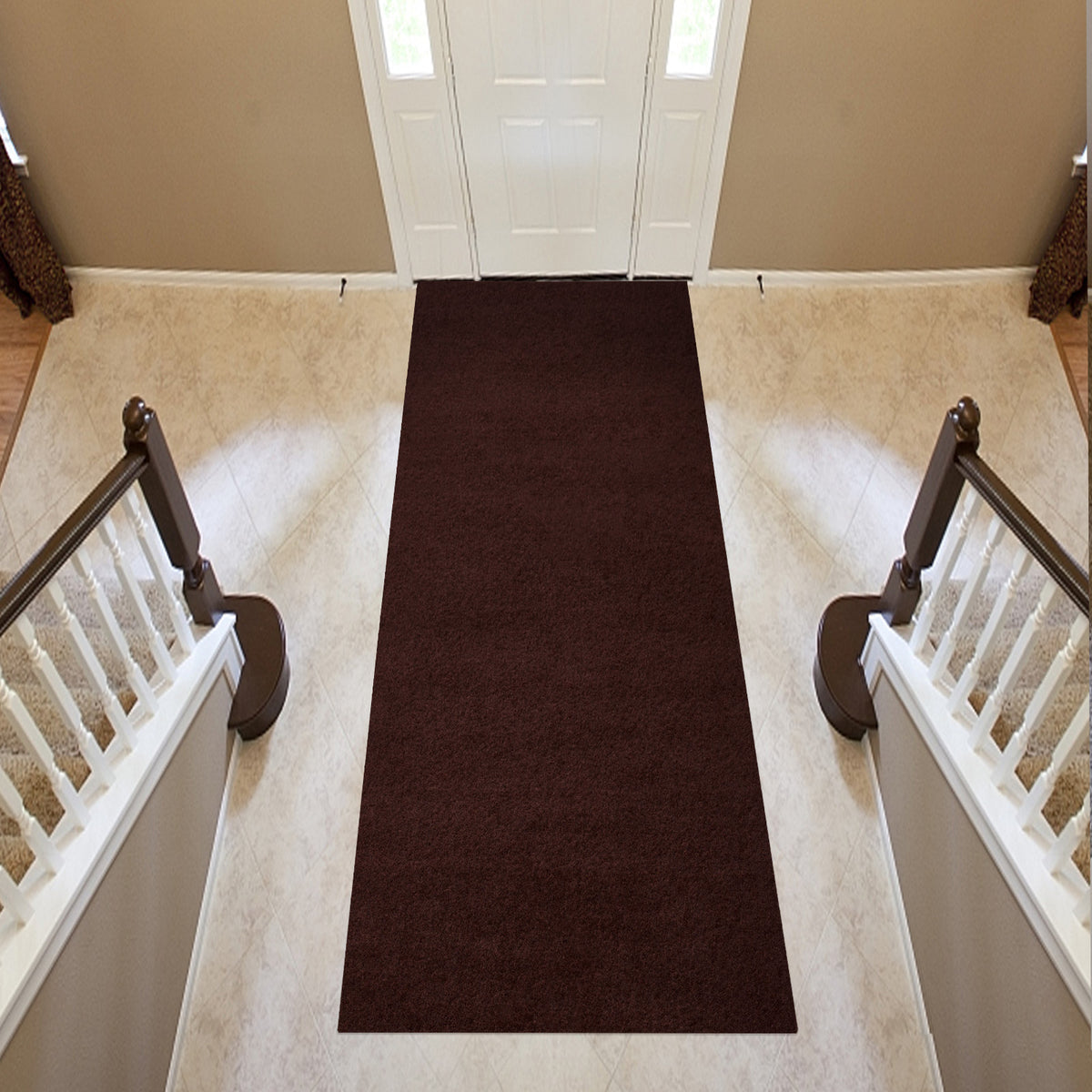 Coffee Brown Runner Rug - angled hallway perspective, solid coffee brown color runner rug in setting