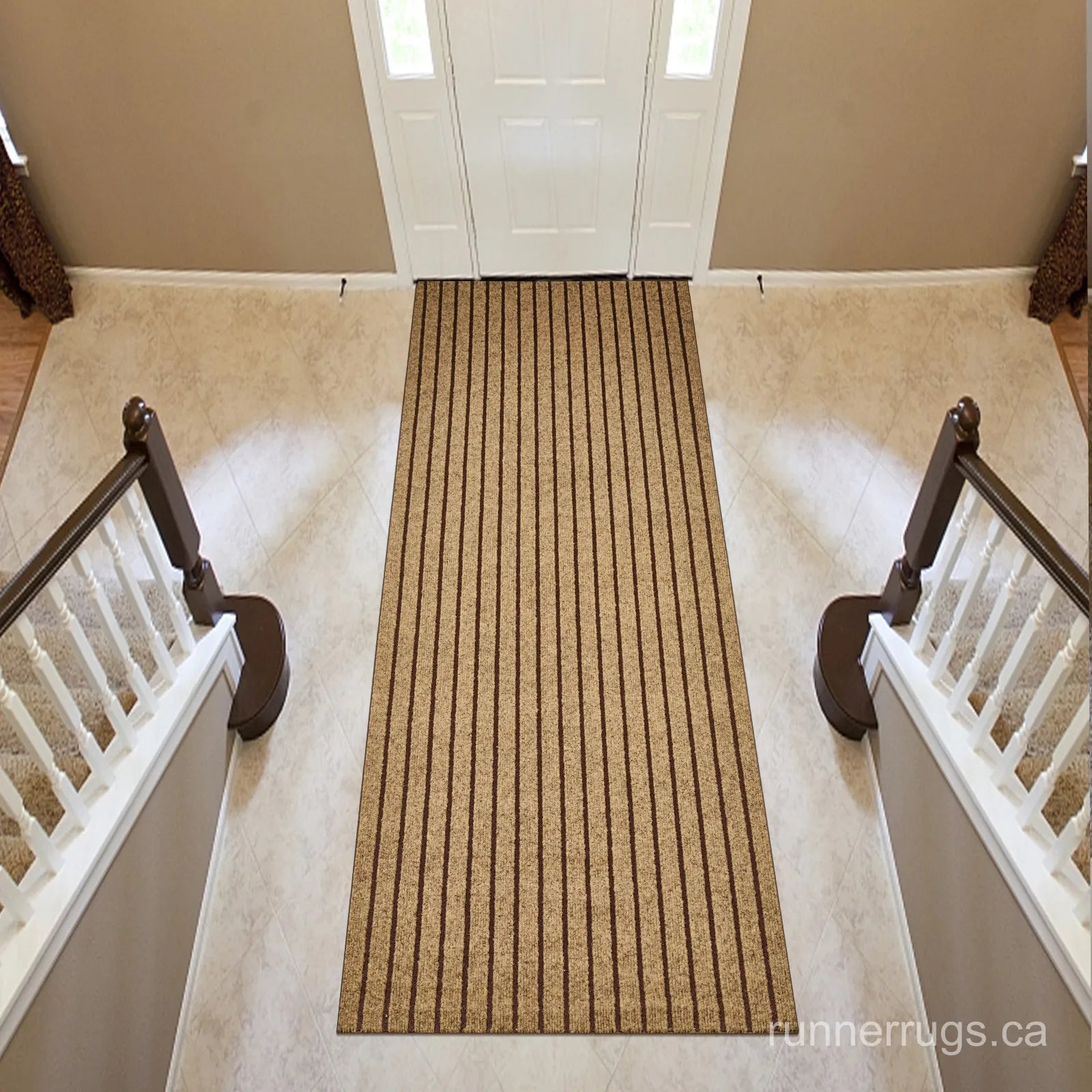 Brown Stripe Runner Rug - angled hallway perspective, warm brown stripe pattern runner rug in setting