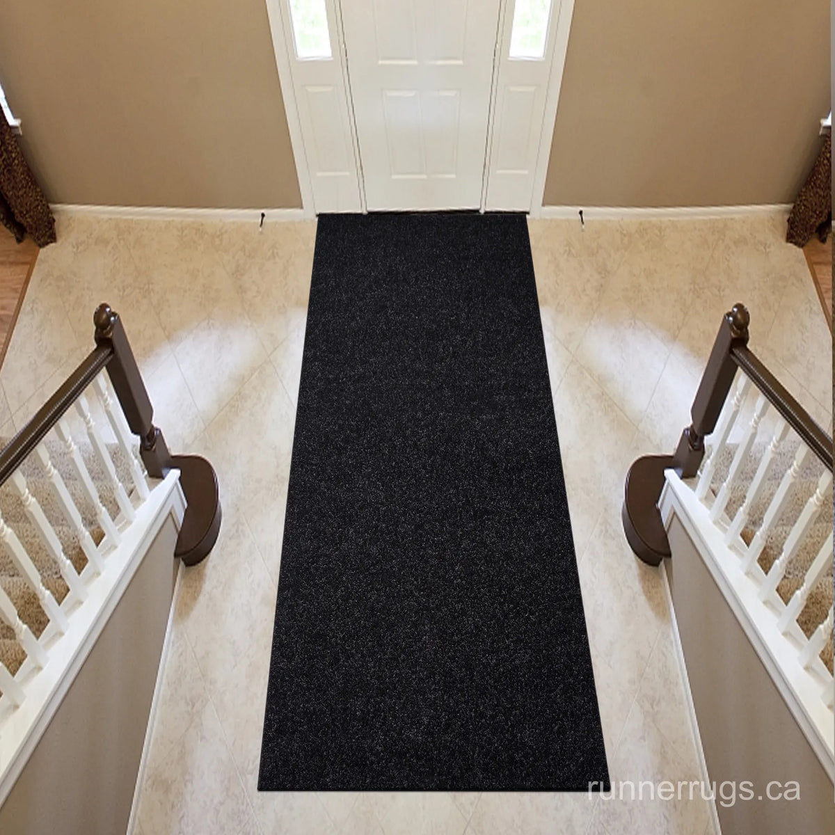 Solid Black Runner Rug - angled hallway perspective, solid black color runner rug in setting