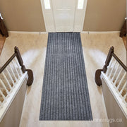 Grey Stripe Runner Rug - angled hallway perspective, neutral grey stripe pattern runner rug in setting