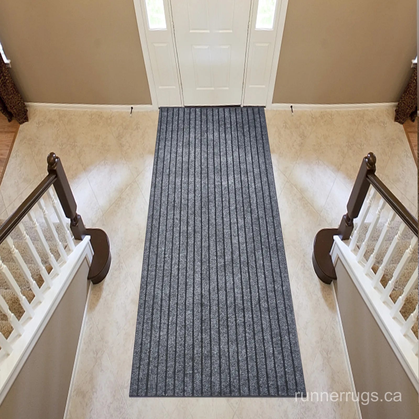 Grey Stripe Runner Rug - angled hallway perspective, neutral grey stripe pattern runner rug in setting