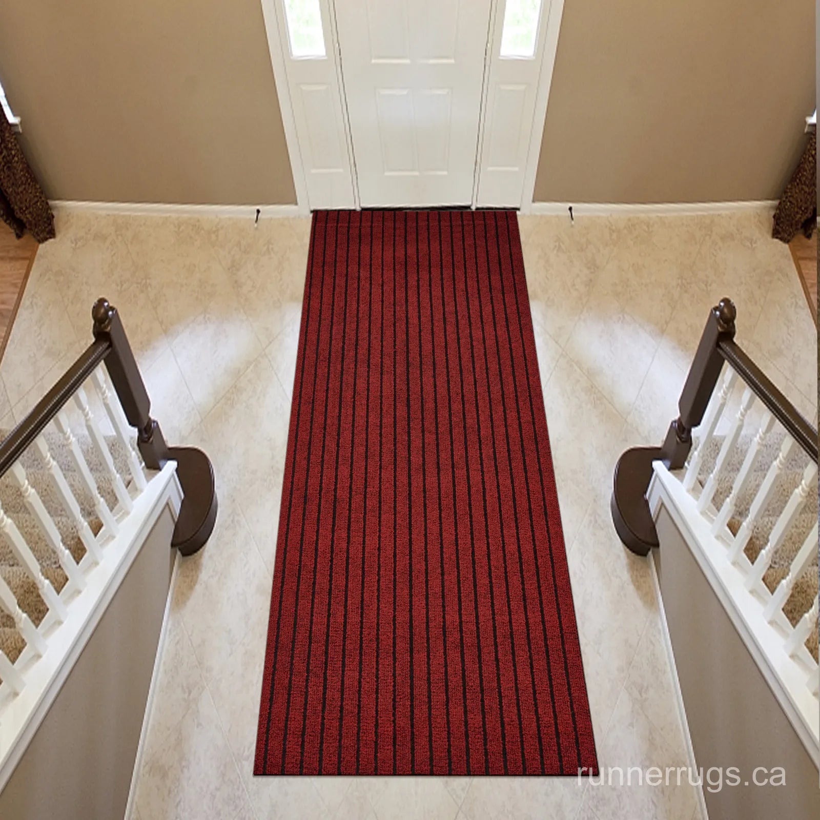 Red Stripe Runner Rug - angled hallway perspective, bold red stripe pattern runner rug in setting