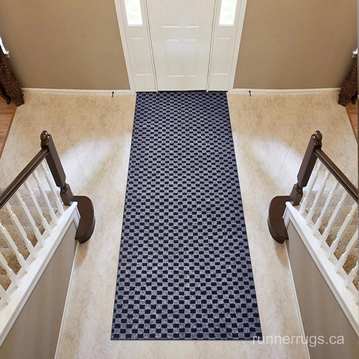 Grey Plaid Runner Rug - angled hallway perspective, grey plaid pattern runner rug in setting