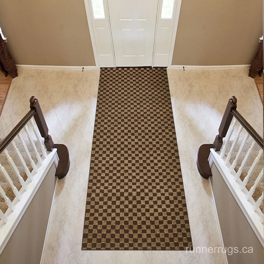 Brown Plaid Runner Rug - top down view showing full classic brown plaid pattern design across the runner surface