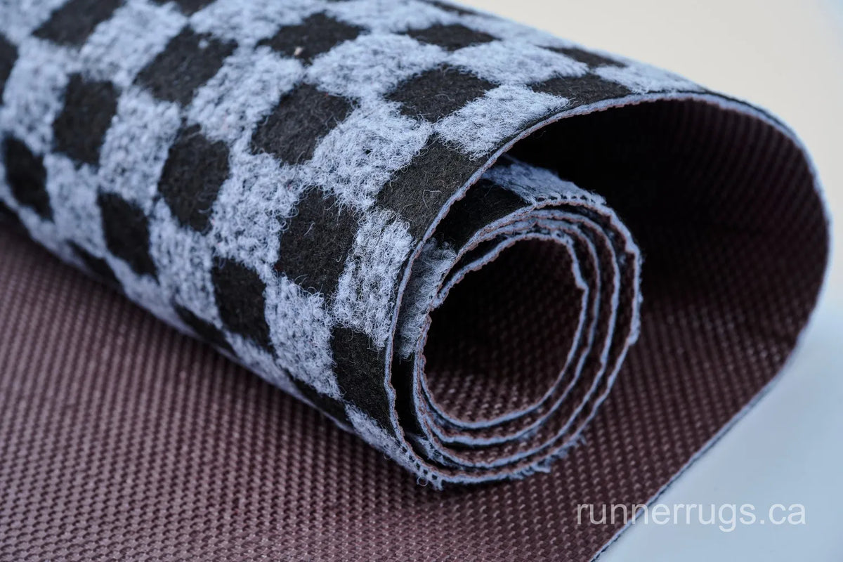 Grey Plaid Runner Rug - close up texture detail of grey plaid pattern material and weave quality