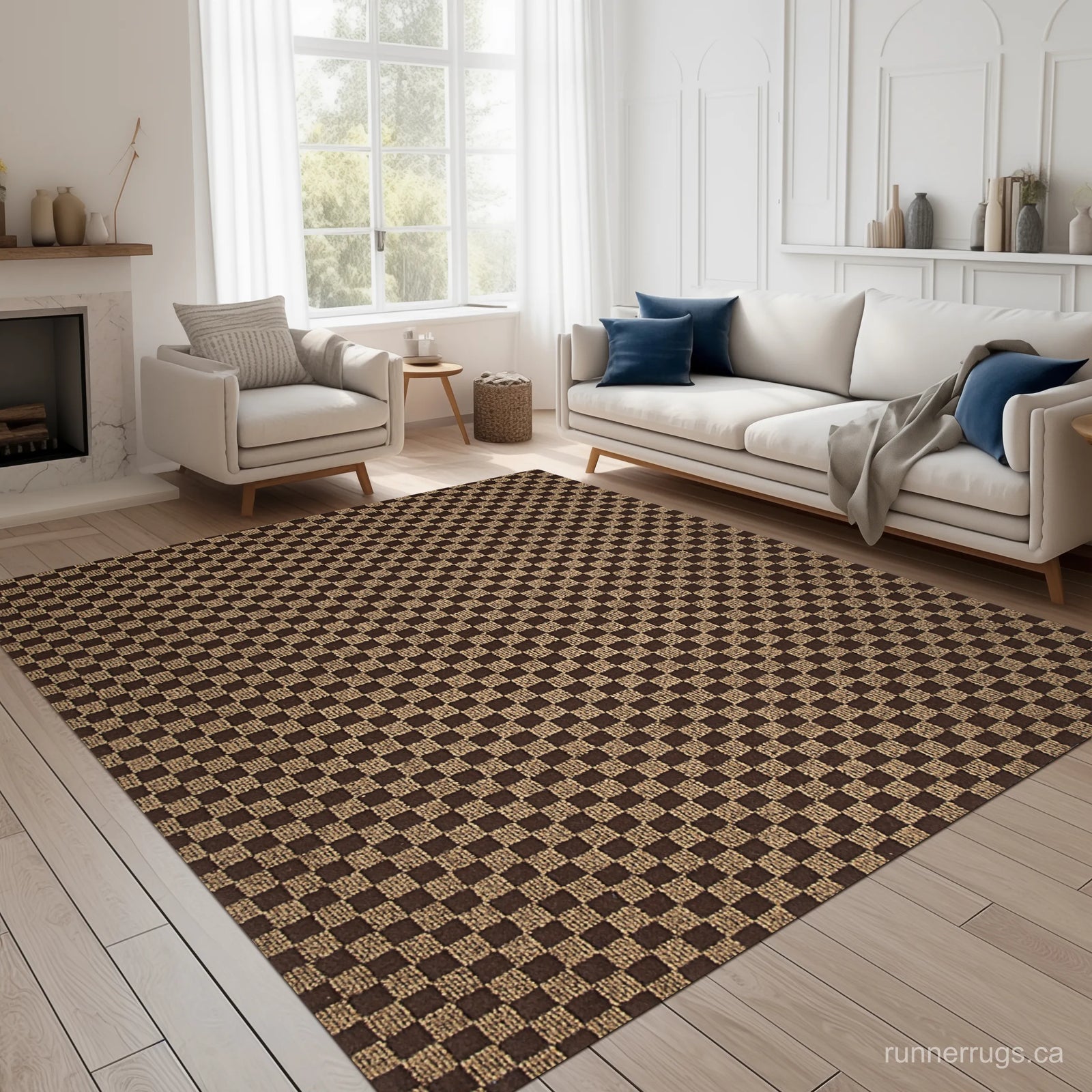 Brown Plaid Runner Rug - angled hallway perspective, classic brown plaid pattern runner rug in setting