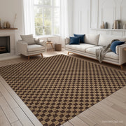 Brown Plaid Runner Rug - angled hallway perspective, classic brown plaid pattern runner rug in setting