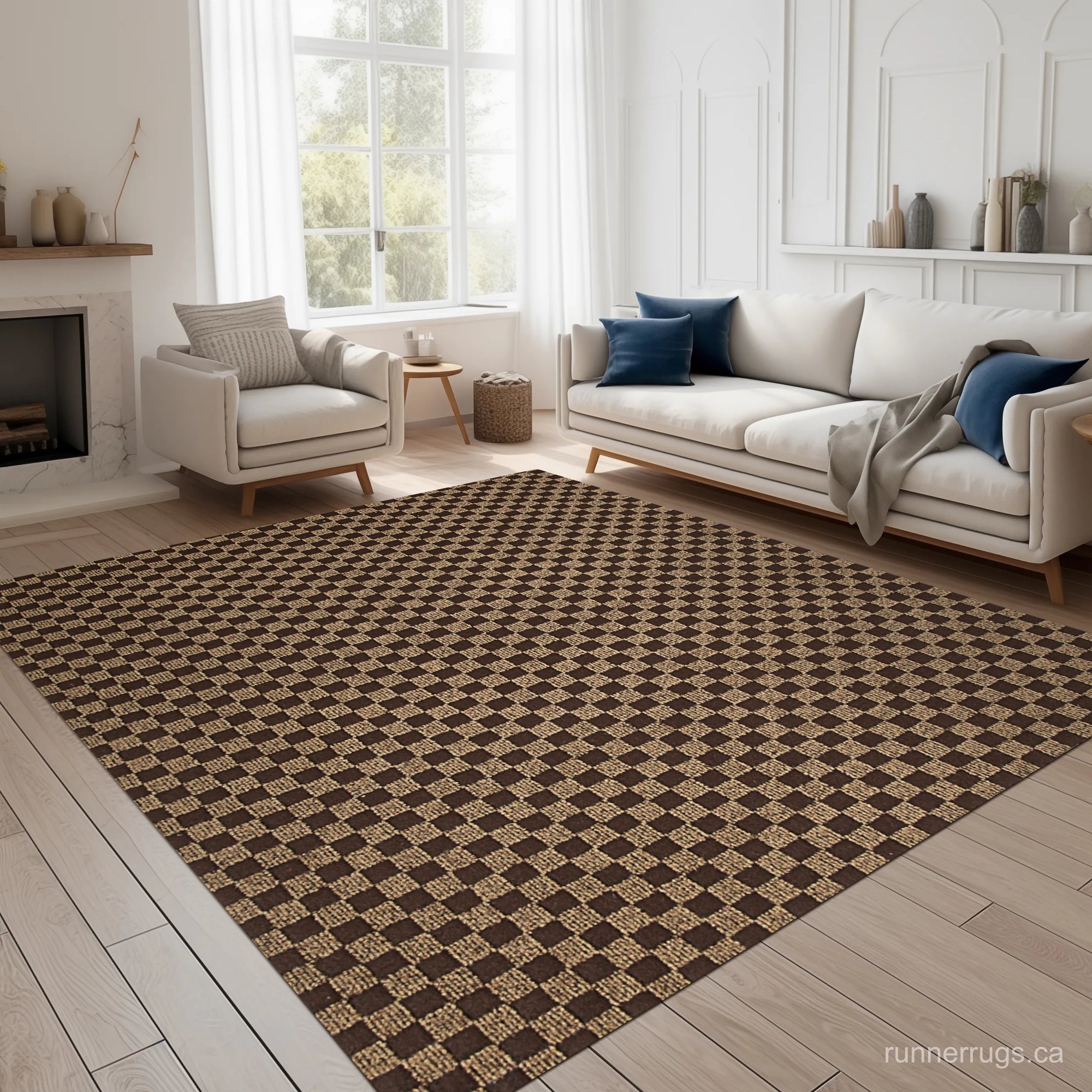 Brown Plaid Runner Rug - angled hallway perspective, classic brown plaid pattern runner rug in setting