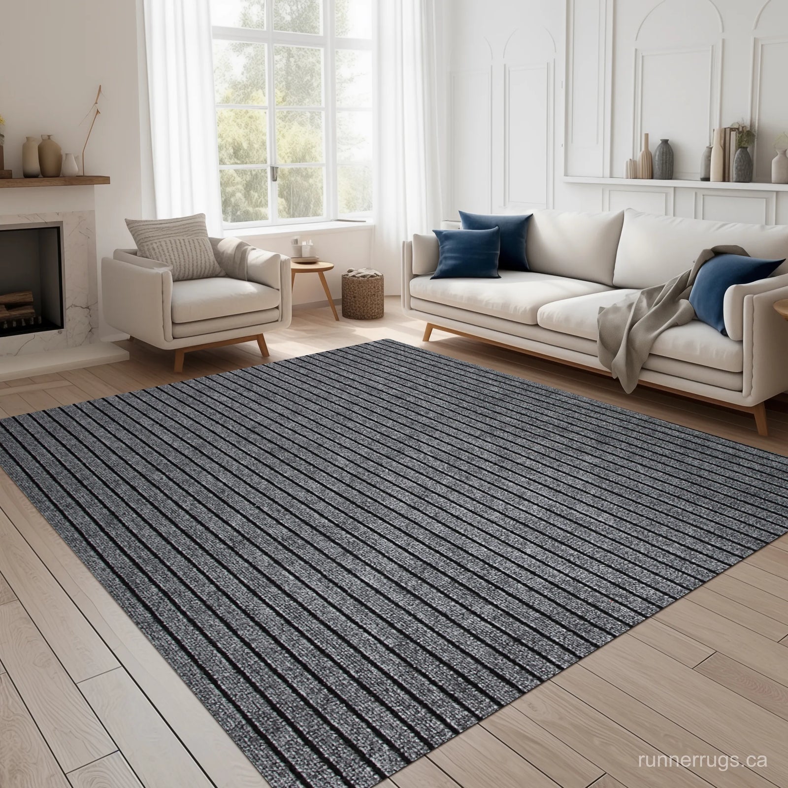 Grey Stripe Runner Rug - main product photo, neutral grey stripe pattern, custom length runner rug