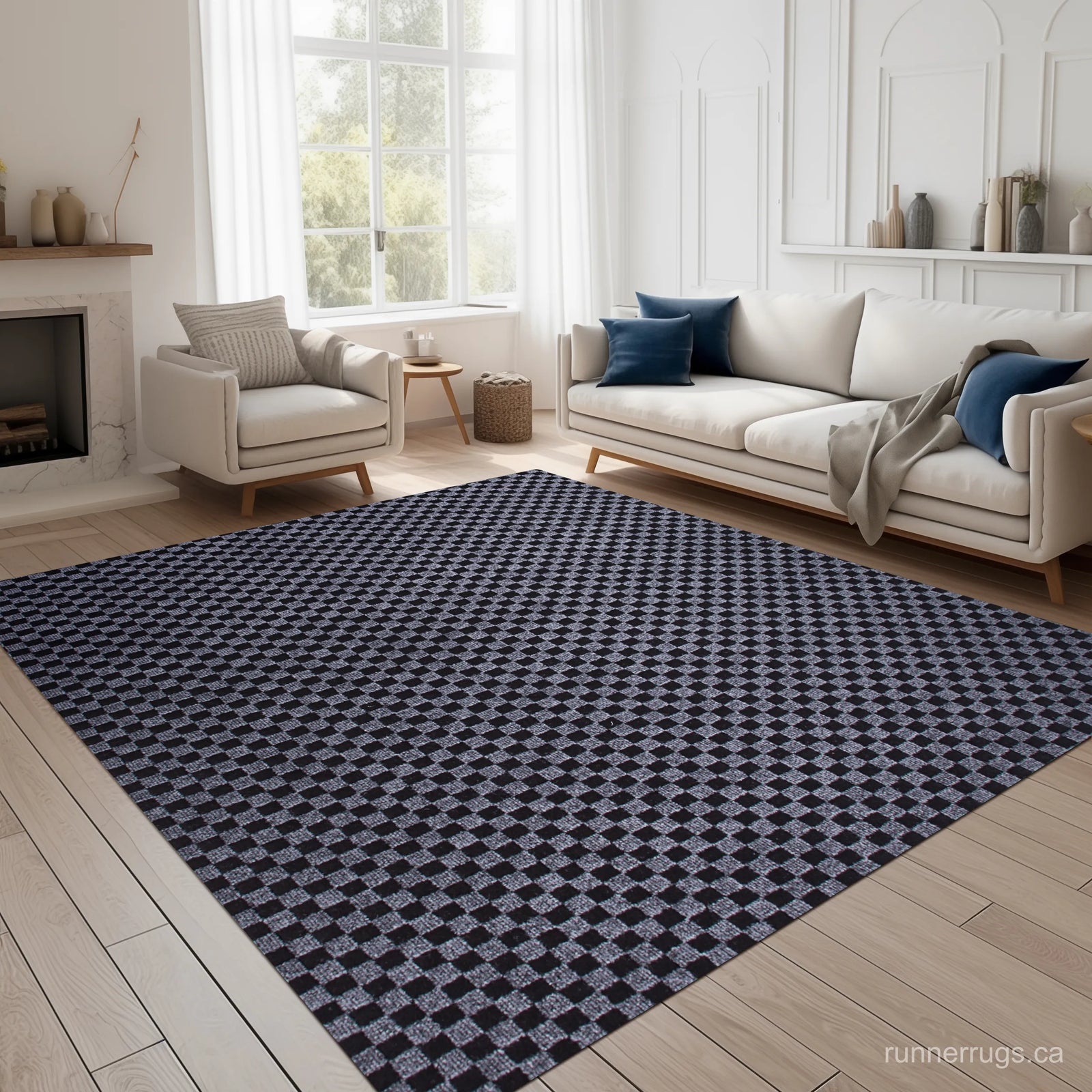 Grey Plaid Runner Rug - main product photo, grey plaid pattern, custom length runner rug